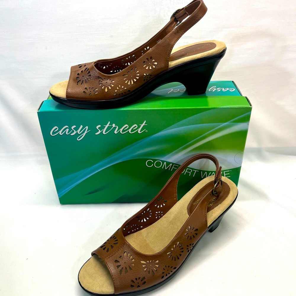 Easy Street Slingback Sandals Die Cut Leather Uppers 9 Kaley Tan‎ Brown New